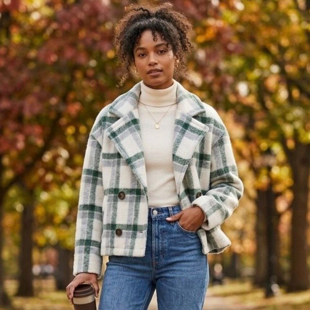 Madewell Plaid Cropped Jacket XS Green Cream Button Front Fall Shacket Coat - Picture 1 of 7
